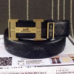 AAA Hermes Men's Adjustable Engraving Leather Belt - Yellow Gold H Buckle